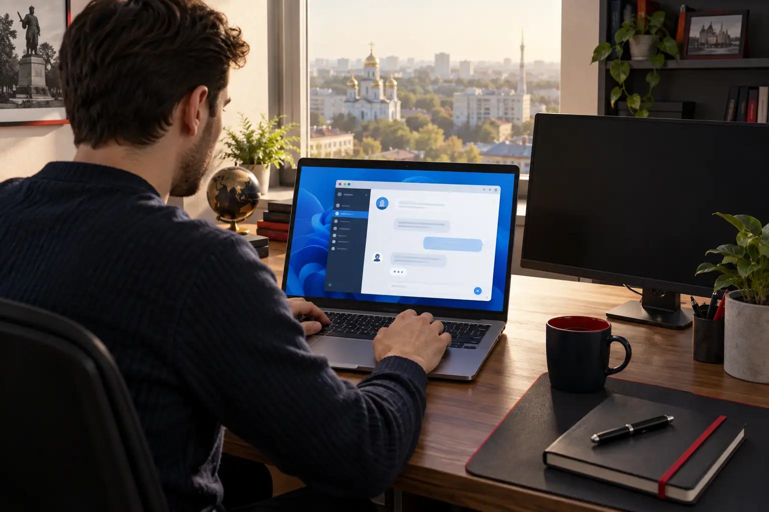 Сотрудник компании в Луганске открывает на ноутбуке удалённый Windows-сервер для работы с нейросетями